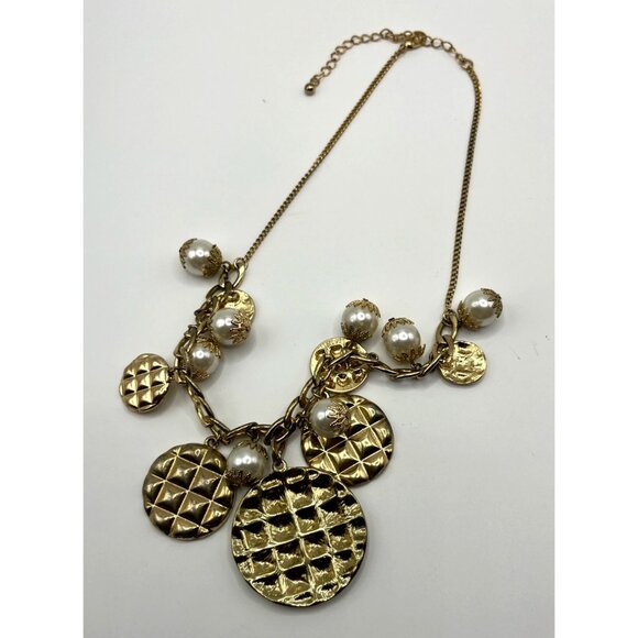 Gold Tone Statement Necklace With Pearl & Textured Disc Charms - Picture 2 of 6